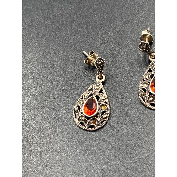 Vintage Sterling Silver Marcasite Red Stone Dangle Earrings India 6.4 grams - Picture 8 of 8